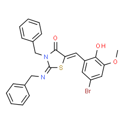 ChemSpider 2D Image | (2E,5Z)-3-Benzyl-2-(benzylimino)-5-(5-bromo-2-hydroxy-3-methoxybenzylidene)-1,3-thiazolidin-4-one | C25H21BrN2O3S
