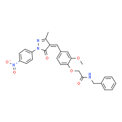 ChemSpider 2D Image | N-Benzyl-2-(2-methoxy-4-{(Z)-[3-methyl-1-(4-nitrophenyl)-5-oxo-1,5-dihydro-4H-pyrazol-4-ylidene]methyl}phenoxy)acetamide | C27H24N4O6