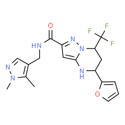 ChemSpider 2D Image | N-[(1,5-Dimethyl-1H-pyrazol-4-yl)methyl]-5-(2-furyl)-7-(trifluoromethyl)-4,5,6,7-tetrahydropyrazolo[1,5-a]pyrimidine-2-carboxamide | C18H19F3N6O2