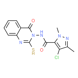 ChemSpider 2D Image | 1H-pyrazole-5-carboxamide, 4-chloro-N-(2-mercapto-4-oxo-3(4H)-quinazolinyl)-1,3-dimethyl- | C14H12ClN5O2S