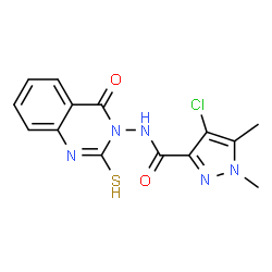 ChemSpider 2D Image | 1H-pyrazole-3-carboxamide, 4-chloro-N-(2-mercapto-4-oxo-3(4H)-quinazolinyl)-1,5-dimethyl- | C14H12ClN5O2S