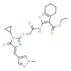 ChemSpider 2D Image | Ethyl 2-{[({(4Z)-1-cyclopropyl-4-[(1-methyl-1H-pyrazol-4-yl)methylene]-5-oxo-4,5-dihydro-1H-imidazol-2-yl}sulfanyl)acetyl]amino}-4,5,6,7-tetrahydro-1-benzothiophene-3-carboxylate | C24H27N5O4S2