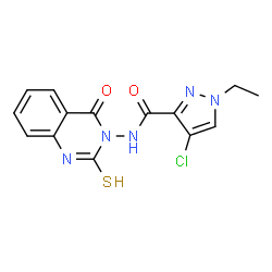 ChemSpider 2D Image | 1H-pyrazole-3-carboxamide, 4-chloro-1-ethyl-N-(2-mercapto-4-oxo-3(4H)-quinazolinyl)- | C14H12ClN5O2S