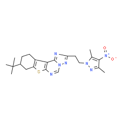 ChemSpider 2D Image | 2-[2-(3,5-Dimethyl-4-nitro-1H-pyrazol-1-yl)ethyl]-9-(2-methyl-2-propanyl)-8,9,10,11-tetrahydro[1]benzothieno[3,2-e][1,2,4]triazolo[1,5-c]pyrimidine | C22H27N7O2S