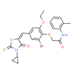 ChemSpider 2D Image | 2-{2-Bromo-4-[(E)-(3-cyclopropyl-4-oxo-2-thioxo-1,3-thiazolidin-5-ylidene)methyl]-6-ethoxyphenoxy}-N-(2-methylphenyl)acetamide | C24H23BrN2O4S2