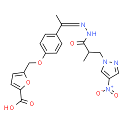 ChemSpider 2D Image | 5-[(4-{(1Z)-N-[2-Methyl-3-(4-nitro-1H-pyrazol-1-yl)propanoyl]ethanehydrazonoyl}phenoxy)methyl]-2-furoic acid | C21H21N5O7