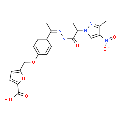ChemSpider 2D Image | 5-[(4-{(1Z)-N-[2-(3-Methyl-4-nitro-1H-pyrazol-1-yl)propanoyl]ethanehydrazonoyl}phenoxy)methyl]-2-furoic acid | C21H21N5O7