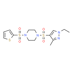 ChemSpider 2D Image | 1-[(1-Ethyl-3-methyl-1H-pyrazol-4-yl)sulfonyl]-4-(2-thienylsulfonyl)piperazine | C14H20N4O4S3