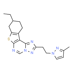 ChemSpider 2D Image | 9-Ethyl-2-[2-(3-methyl-1H-pyrazol-1-yl)ethyl]-8,9,10,11-tetrahydro[1]benzothieno[3,2-e][1,2,4]triazolo[1,5-c]pyrimidine | C19H22N6S