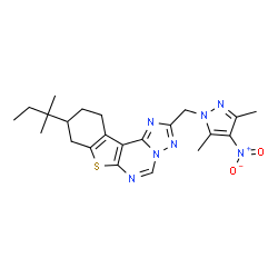 ChemSpider 2D Image | 2-[(3,5-Dimethyl-4-nitro-1H-pyrazol-1-yl)methyl]-9-(2-methyl-2-butanyl)-8,9,10,11-tetrahydro[1]benzothieno[3,2-e][1,2,4]triazolo[1,5-c]pyrimidine | C22H27N7O2S