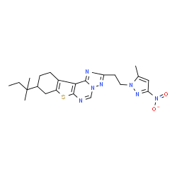ChemSpider 2D Image | 9-(2-Methyl-2-butanyl)-2-[2-(5-methyl-3-nitro-1H-pyrazol-1-yl)ethyl]-8,9,10,11-tetrahydro[1]benzothieno[3,2-e][1,2,4]triazolo[1,5-c]pyrimidine | C22H27N7O2S