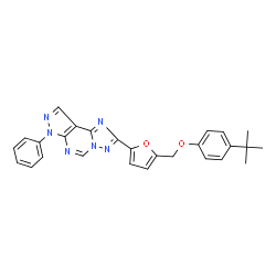 ChemSpider 2D Image | 2-(5-{[4-(2-Methyl-2-propanyl)phenoxy]methyl}-2-furyl)-7-phenyl-7H-pyrazolo[4,3-e][1,2,4]triazolo[1,5-c]pyrimidine | C27H24N6O2
