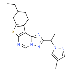 ChemSpider 2D Image | 9-Ethyl-2-[1-(4-methyl-1H-pyrazol-1-yl)ethyl]-8,9,10,11-tetrahydro[1]benzothieno[3,2-e][1,2,4]triazolo[1,5-c]pyrimidine | C19H22N6S