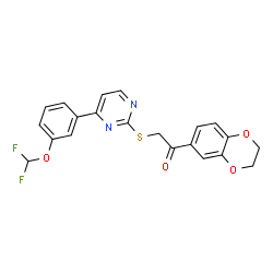 ChemSpider 2D Image | 2-({4-[3-(Difluoromethoxy)phenyl]-2-pyrimidinyl}sulfanyl)-1-(2,3-dihydro-1,4-benzodioxin-6-yl)ethanone | C21H16F2N2O4S