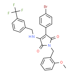 ChemSpider 2D Image | 3-(4-Bromophenyl)-1-(2-methoxybenzyl)-4-{[3-(trifluoromethyl)benzyl]amino}-1H-pyrrole-2,5-dione | C26H20BrF3N2O3