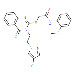 ChemSpider 2D Image | 2-({3-[2-(4-Chloro-1H-pyrazol-1-yl)ethyl]-4-oxo-3,4-dihydro-2-quinazolinyl}sulfanyl)-N-(2-methoxyphenyl)acetamide | C22H20ClN5O3S