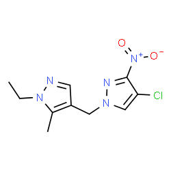 ChemSpider 2D Image | 4-Chloro-1-[(1-ethyl-5-methyl-1H-pyrazol-4-yl)methyl]-3-nitro-1H-pyrazole | C10H12ClN5O2