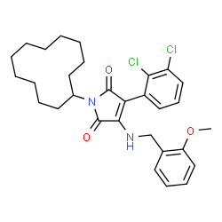 ChemSpider 2D Image | 1-Cyclododecyl-3-(2,3-dichlorophenyl)-4-[(2-methoxybenzyl)amino]-1H-pyrrole-2,5-dione | C30H36Cl2N2O3