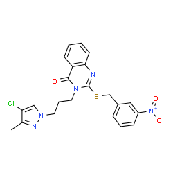 ChemSpider 2D Image | 3-[3-(4-Chloro-3-methyl-1H-pyrazol-1-yl)propyl]-2-[(3-nitrobenzyl)sulfanyl]-4(3H)-quinazolinone | C22H20ClN5O3S
