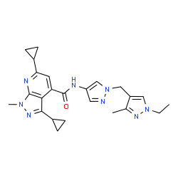 ChemSpider 2D Image | 3,6-Dicyclopropyl-N-{1-[(1-ethyl-3-methyl-1H-pyrazol-4-yl)methyl]-1H-pyrazol-4-yl}-1-methyl-1H-pyrazolo[3,4-b]pyridine-4-carboxamide | C24H28N8O