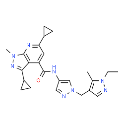 ChemSpider 2D Image | 3,6-Dicyclopropyl-N-{1-[(1-ethyl-5-methyl-1H-pyrazol-4-yl)methyl]-1H-pyrazol-4-yl}-1-methyl-1H-pyrazolo[3,4-b]pyridine-4-carboxamide | C24H28N8O