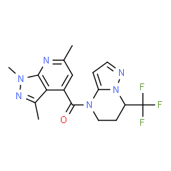 ChemSpider 2D Image | [7-(Trifluoromethyl)-6,7-dihydropyrazolo[1,5-a]pyrimidin-4(5H)-yl](1,3,6-trimethyl-1H-pyrazolo[3,4-b]pyridin-4-yl)methanone | C17H17F3N6O