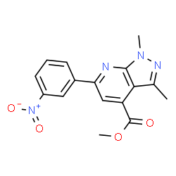 ChemSpider 2D Image | methyl 1,3-dimethyl-6-(3-nitrophenyl)pyrazolo[3,4-b]pyridine-4-carboxylate | C16H14N4O4