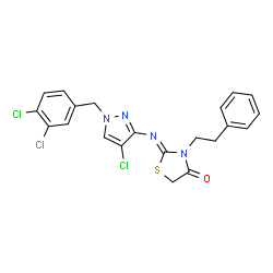 ChemSpider 2D Image | (2Z)-2-{[4-Chloro-1-(3,4-dichlorobenzyl)-1H-pyrazol-3-yl]imino}-3-(2-phenylethyl)-1,3-thiazolidin-4-one | C21H17Cl3N4OS