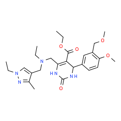 ChemSpider 2D Image | Ethyl 6-({ethyl[(1-ethyl-3-methyl-1H-pyrazol-4-yl)methyl]amino}methyl)-4-[4-methoxy-3-(methoxymethyl)phenyl]-2-oxo-1,2,3,4-tetrahydro-5-pyrimidinecarboxylate | C26H37N5O5