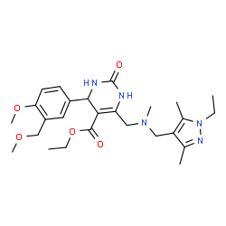 ChemSpider 2D Image | Ethyl 6-({[(1-ethyl-3,5-dimethyl-1H-pyrazol-4-yl)methyl](methyl)amino}methyl)-4-[4-methoxy-3-(methoxymethyl)phenyl]-2-oxo-1,2,3,4-tetrahydro-5-pyrimidinecarboxylate | C26H37N5O5