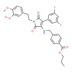 ChemSpider 2D Image | Propyl 4-[({4-(3,5-difluorophenyl)-1-[2-(3,4-dimethoxyphenyl)ethyl]-2,5-dioxo-2,5-dihydro-1H-pyrrol-3-yl}amino)methyl]benzoate | C31H30F2N2O6