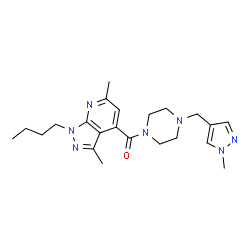 ChemSpider 2D Image | (1-Butyl-3,6-dimethyl-1H-pyrazolo[3,4-b]pyridin-4-yl){4-[(1-methyl-1H-pyrazol-4-yl)methyl]-1-piperazinyl}methanone | C22H31N7O