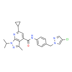 ChemSpider 2D Image | N-{4-[(4-Chloro-1H-pyrazol-1-yl)methyl]phenyl}-6-cyclopropyl-1-isopropyl-3-methyl-1H-pyrazolo[3,4-b]pyridine-4-carboxamide | C24H25ClN6O