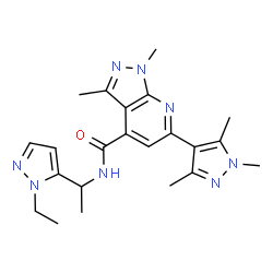 ChemSpider 2D Image | N-[1-(1-Ethyl-1H-pyrazol-5-yl)ethyl]-1,3-dimethyl-6-(1,3,5-trimethyl-1H-pyrazol-4-yl)-1H-pyrazolo[3,4-b]pyridine-4-carboxamide | C22H28N8O