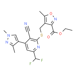 ChemSpider 2D Image | Ethyl 4-({[3-cyano-6-(difluoromethyl)-4-(1,3-dimethyl-1H-pyrazol-4-yl)-2-pyridinyl]sulfanyl}methyl)-5-methyl-1,2-oxazole-3-carboxylate | C20H19F2N5O3S