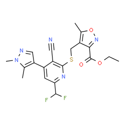 ChemSpider 2D Image | Ethyl 4-({[3-cyano-6-(difluoromethyl)-4-(1,5-dimethyl-1H-pyrazol-4-yl)-2-pyridinyl]sulfanyl}methyl)-5-methyl-1,2-oxazole-3-carboxylate | C20H19F2N5O3S