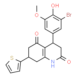 ChemSpider 2D Image | 4-(3-Bromo-4-hydroxy-5-methoxyphenyl)-7-(2-thienyl)-4,6,7,8-tetrahydro-2,5(1H,3H)-quinolinedione | C20H18BrNO4S