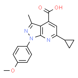 ChemSpider 2D Image | 6-cyclopropyl-1-(4-methoxyphenyl)-3-methylpyrazolo[3,4-b]pyridine-4-carboxylic acid | C18H17N3O3