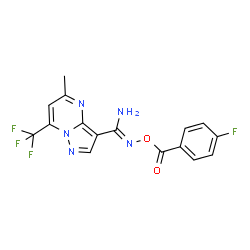ChemSpider 2D Image | N-[(4-Fluorobenzoyl)oxy]-5-methyl-7-(trifluoromethyl)pyrazolo[1,5-a]pyrimidine-3-carboximidamide | C16H11F4N5O2