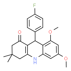 ChemSpider 2D Image | 9-(4-Fluorophenyl)-6,8-dimethoxy-3,3-dimethyl-3,4,9,10-tetrahydro-1(2H)-acridinone | C23H24FNO3