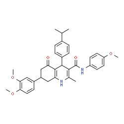 ChemSpider 2D Image | 7-(3,4-Dimethoxyphenyl)-4-(4-isopropylphenyl)-N-(4-methoxyphenyl)-2-methyl-5-oxo-1,4,5,6,7,8-hexahydro-3-quinolinecarboxamide | C35H38N2O5