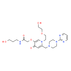 ChemSpider 2D Image | 2-[(1-[2-(2-Hydroxyethoxy)ethyl]-4-oxo-6-{[4-(2-pyrimidinyl)-1-piperazinyl]methyl}-1,4-dihydro-3-pyridinyl)oxy]-N-(3-hydroxypropyl)acetamide | C23H34N6O6