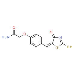 ChemSpider 2D Image | 2-{4-[(E)-(4-Oxo-2-thioxo-1,3-thiazolidin-5-ylidene)methyl]phenoxy}acetamide | C12H10N2O3S2