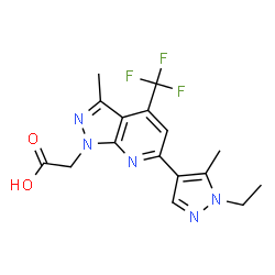 ChemSpider 2D Image | [6-(1-Ethyl-5-methyl-1H-pyrazol-4-yl)-3-methyl-4-(trifluoromethyl)-1H-pyrazolo[3,4-b]pyridin-1-yl]acetic acid | C16H16F3N5O2