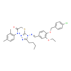 ChemSpider 2D Image | 2-({5-Butyl-4-[(E)-{4-[(4-chlorobenzyl)oxy]-3-ethoxybenzylidene}amino]-4H-1,2,4-triazol-3-yl}sulfanyl)-N-(2,4-dimethylphenyl)acetamide | C32H36ClN5O3S