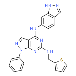 ChemSpider 2D Image | N~4~-(1H-Indazol-6-yl)-1-phenyl-N~6~-(2-thienylmethyl)-1H-pyrazolo[3,4-d]pyrimidine-4,6-diamine | C23H18N8S