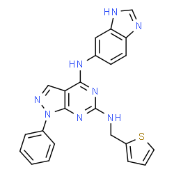 ChemSpider 2D Image | N~4~-(1H-Benzimidazol-6-yl)-1-phenyl-N~6~-(2-thienylmethyl)-1H-pyrazolo[3,4-d]pyrimidine-4,6-diamine | C23H18N8S