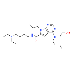 ChemSpider 2D Image | 4-[Butyl(2-hydroxyethyl)amino]-N-[4-(diethylamino)butyl]-7-propyl-7H-pyrrolo[2,3-d]pyrimidine-6-carboxamide | C24H42N6O2