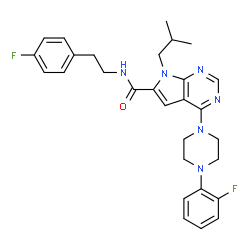 ChemSpider 2D Image | N-[2-(4-Fluorophenyl)ethyl]-4-[4-(2-fluorophenyl)-1-piperazinyl]-7-isobutyl-7H-pyrrolo[2,3-d]pyrimidine-6-carboxamide | C29H32F2N6O