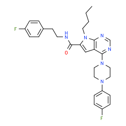 ChemSpider 2D Image | 7-Butyl-N-[2-(4-fluorophenyl)ethyl]-4-[4-(4-fluorophenyl)-1-piperazinyl]-7H-pyrrolo[2,3-d]pyrimidine-6-carboxamide | C29H32F2N6O